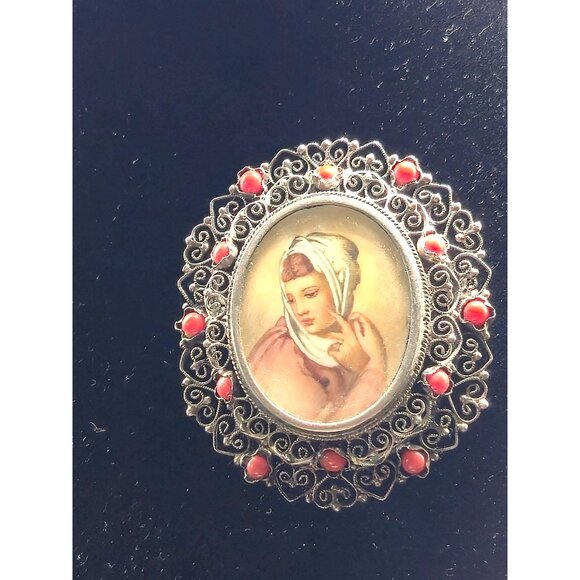 Antique 800 Silver Filigree hand painted Portrait Brooch Natural Coral late 1800 - Picture 6 of 6